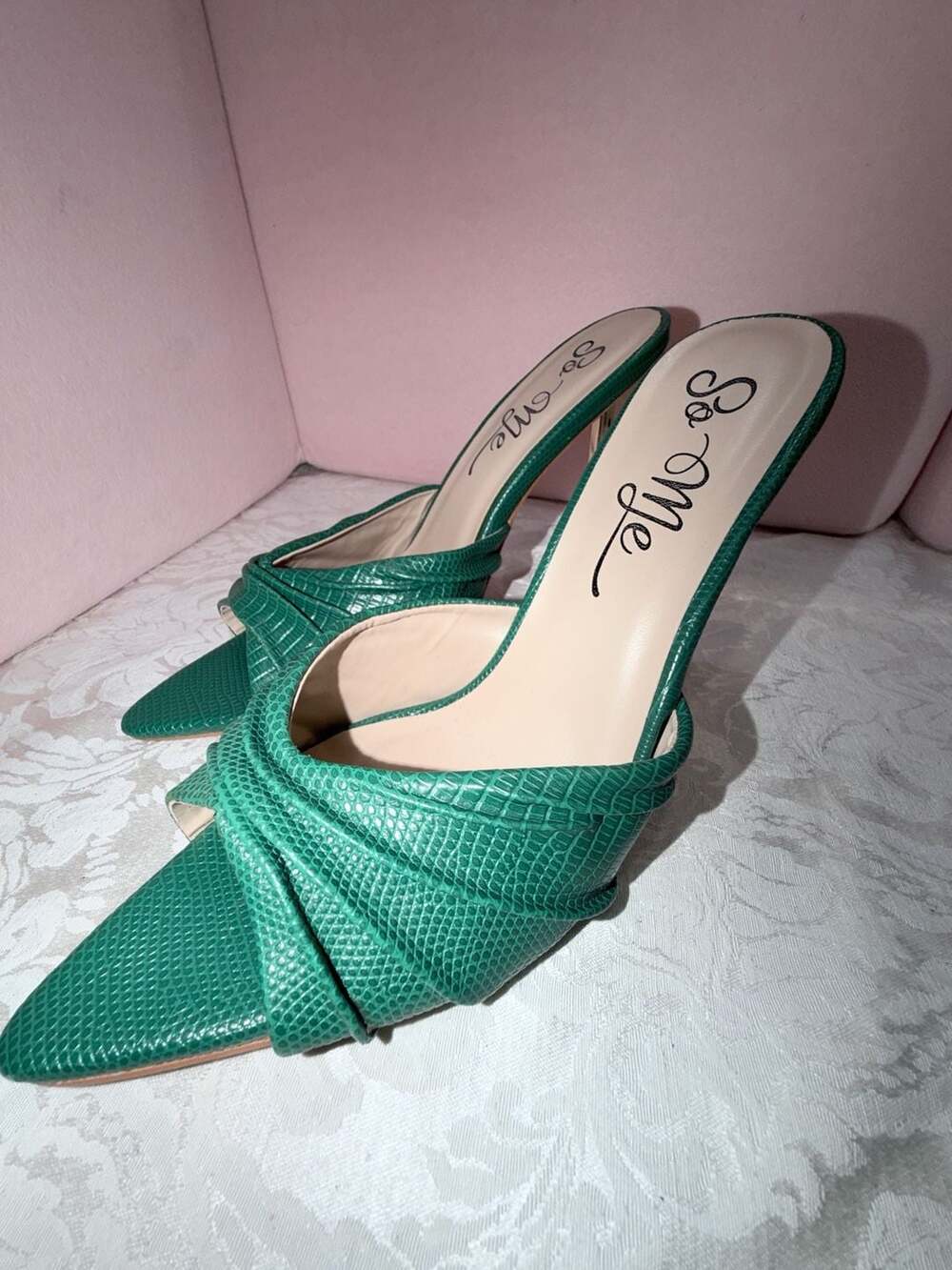 So Me Green Snake Faux Leather Pointed Toe Stiletto Mule Heel Sandals Size 10
